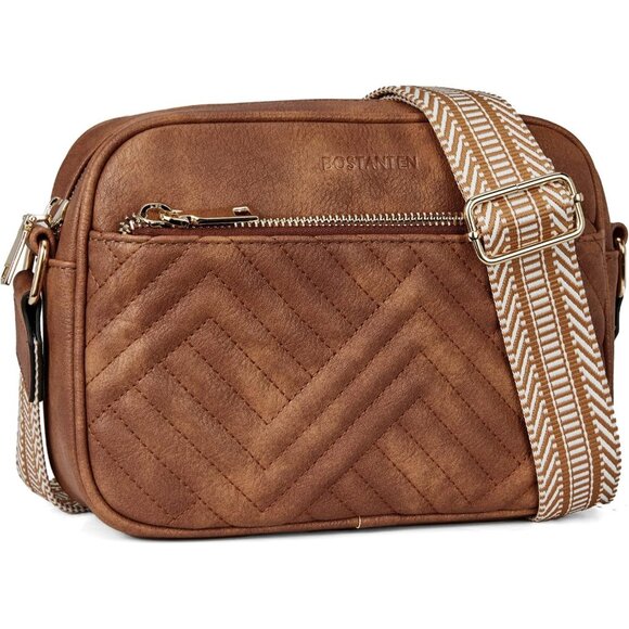 Bostanten Women Brown PU leather Quilted Crossbody Bags With Wide Strap - Picture 1 of 8